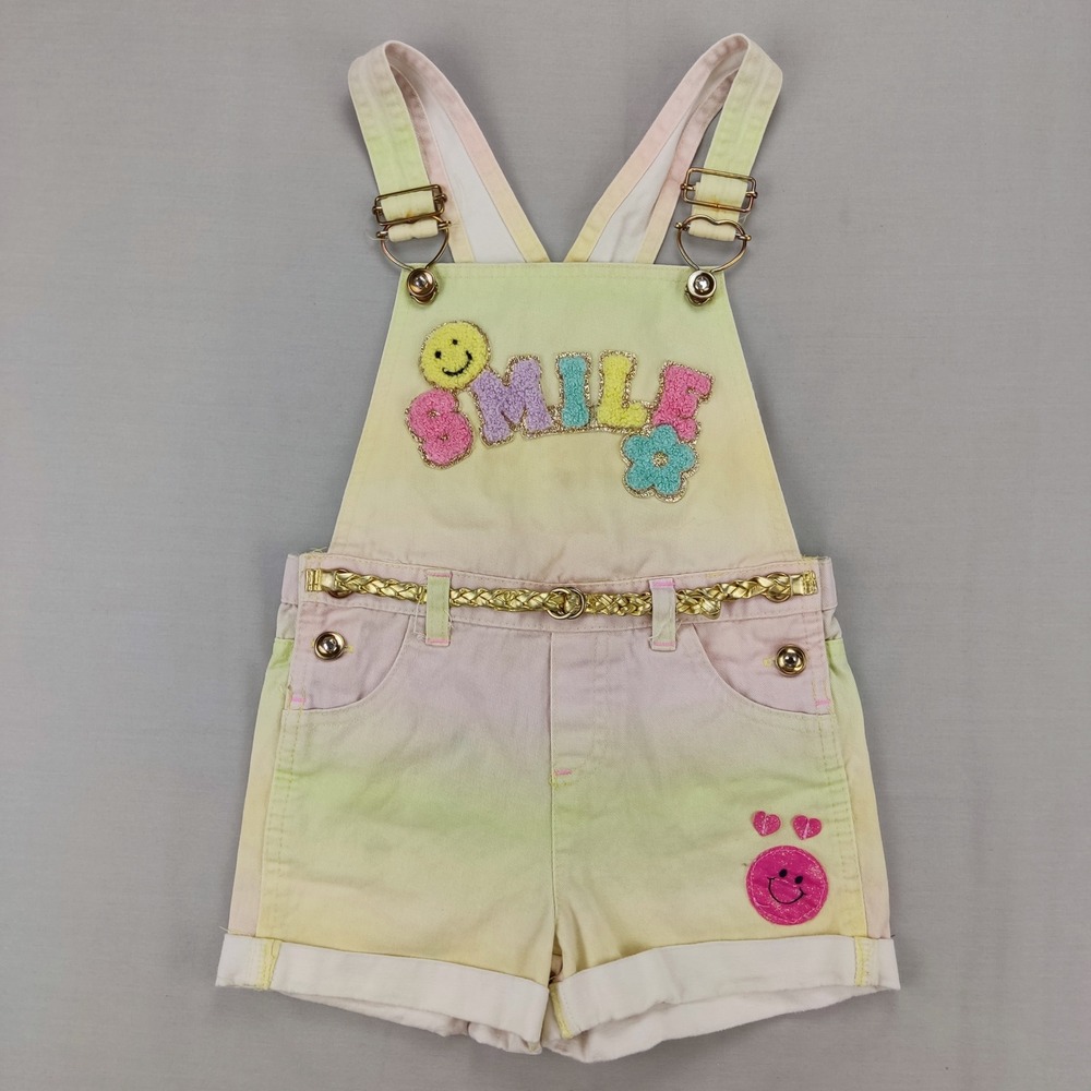 Unbranded Overalls Girls 4 Multicolor Ombre Smile Chenille Patch Denim Shortalls